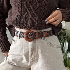 Vintage‎ Genuine Leather Women's Brown green wide Braided belt boho size small